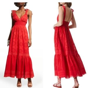 Alice + Olivia Levine eyelet embroidered maxi dress red cotton linen blend Small
